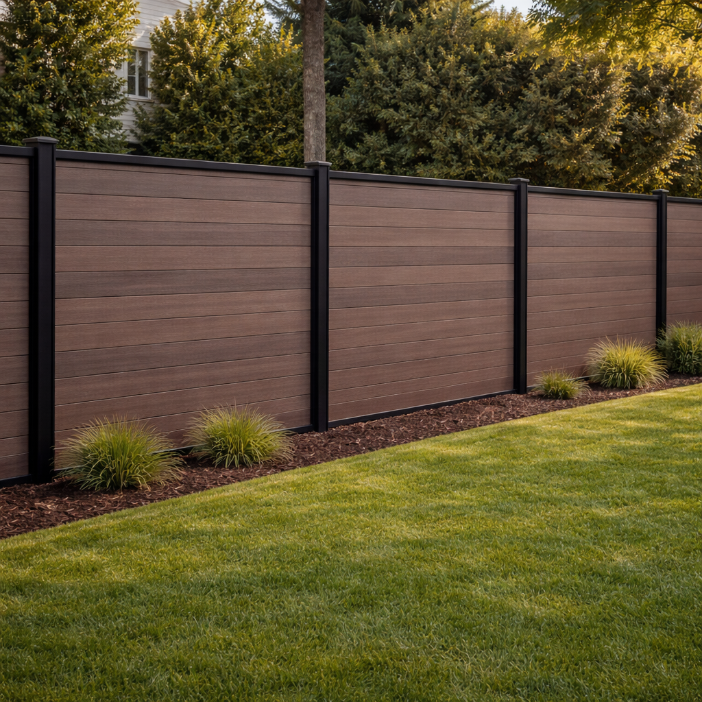 Modern composite privacy fence with black steel posts and ornamental grass