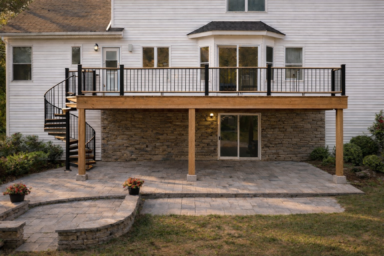 Large custom multi-level deck with hot tub and pergola