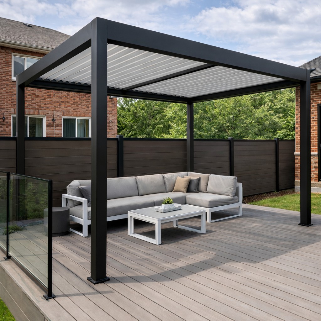 Modern aluminum louvered pergola with adjustable roof
